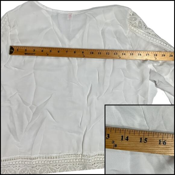 Exquisite Semi-Sheer Tunic Top Lace Bell Sleeves V-Neck White - Picture 11 of 13